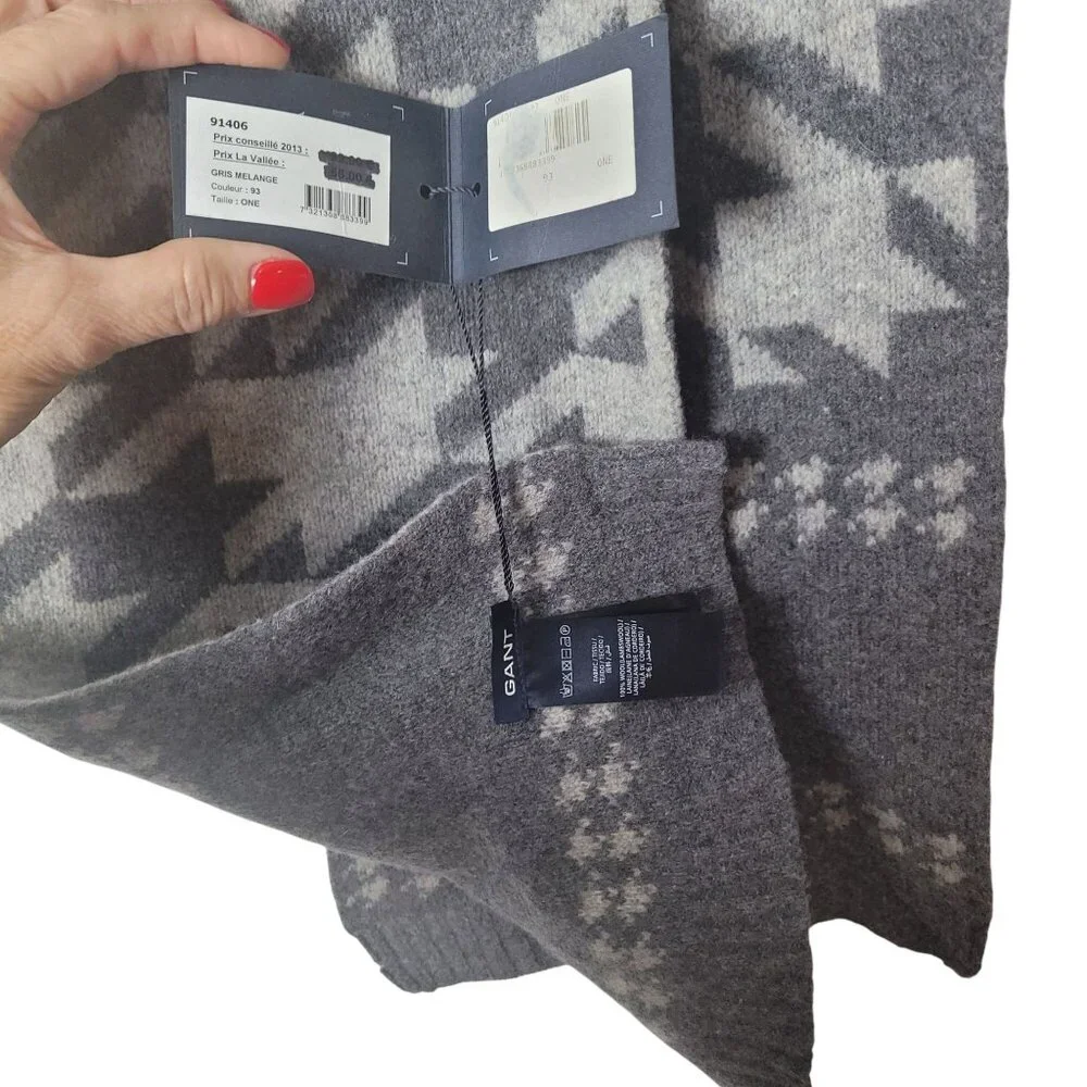 Gant Men's Houndstooth Scarf Gray 100% Lambswool Classic Winter Accessory